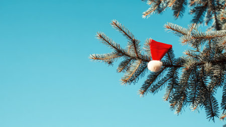 A charming image showcasing a Christmas tree branch adorned with a red Santa hat against a clear blue sky, evoking festive cheer and holiday spirit.の素材