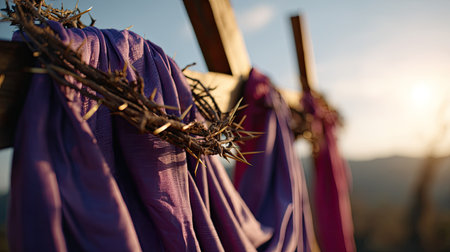 This evocative image features colorful drapes hanging on wooden structures adorned with thorny crowns. The scenic sunset in the background enhances the mood, creating a peaceful and artistic atmosphere.の素材