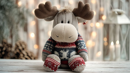 Adorable plush moose wearing a festive sweater sits serenely in front of a soft bokeh background, perfect for winter-themed designs and holiday decorations.の素材