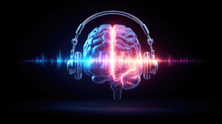 Artistic representation of a brain wearing headphones, surrounded by sound waves, symbolizes the connection between music, mind, and emotions, ideal for creativity and mental well-being.の素材