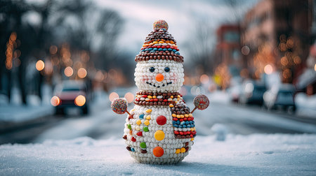 A charming candy snowman stands proudly on a snowy street, surrounded by twinkling lights, evoking a festive atmosphere of joy and creativity during winter celebrations.の素材