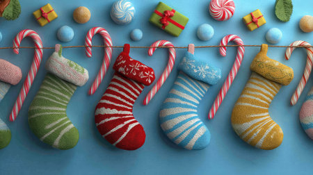 Delight in a vibrant display of colorful Christmas stockings, candy canes, and gifts that capture the essence of the festive holiday spirit. Perfect for seasonal projects.の素材