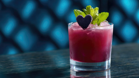 A vibrant berry cocktail served over ice, garnished with fresh mint and a charming heart decoration, perfect for any celebration or summer gathering.の素材