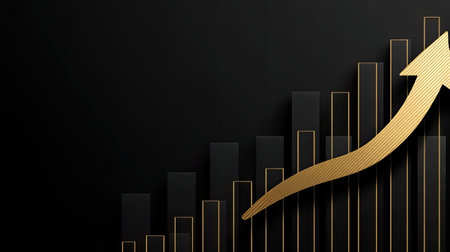 A captivating gold arrow ascends through a stylized bar graph on a black background, symbolizing growth and success in business and finance.の素材
