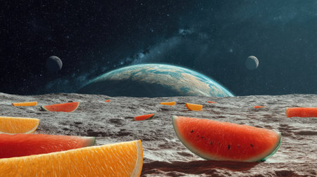 Explore a surreal scene featuring slices of watermelon and orange on a lunar landscape with distant planets and a vibrant Earth backdrop, evoking imagination.の素材