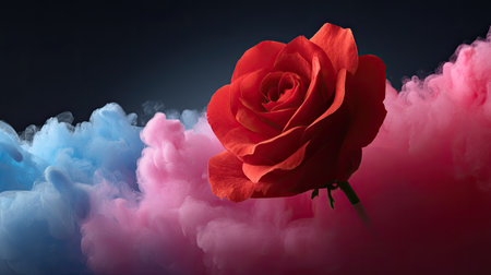 A stunning red rose stands tall amidst swirling blue and pink smoke, creating a vibrant, artistic composition perfect for celebrating love and beauty in nature.の素材