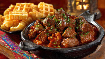 A mouthwatering beef stew served in a cast iron dish, accompanied by crispy waffles. The rich flavors and textures create a perfect comfort meal for any occasion.の素材