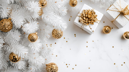 A stylish arrangement of a white Christmas tree adorned with golden ornaments and beautifully wrapped gifts. Perfect for holiday-themed designs.の素材