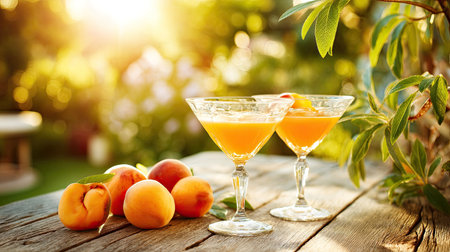 Enjoy the vibrant colors and refreshing flavors of summer cocktails featuring fresh peaches, set in a sunny garden, perfect for relaxation and gatherings.の素材