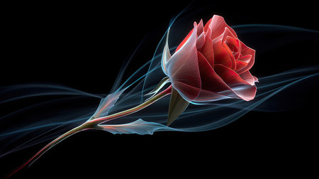 This stunning image showcases a red rose surrounded by delicate smoke trails, creating an ethereal and romantic atmosphere. Ideal for themes of beauty and elegance.の素材