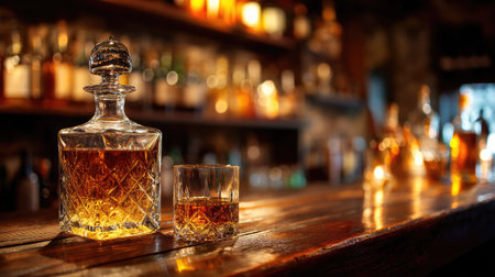 A stunning whiskey decanter with a glass on a rustic bar counter, showcasing rich amber liquid. The warm ambiance creates a perfect setting for casual enjoyment.の素材