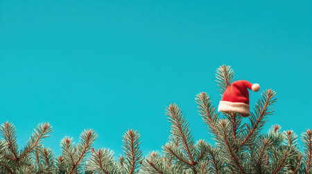 A whimsical image showcasing a red and white Christmas hat perched on a pine branch, set against a bright blue sky. Perfect for seasonal themes.の素材