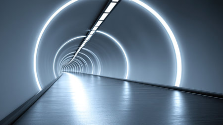 Sleek and modern tunnel featuring circular lights emanating a futuristic vibe. The smooth floor and illuminated walls create an inviting yet abstract atmosphere perfect for creative projects.の素材