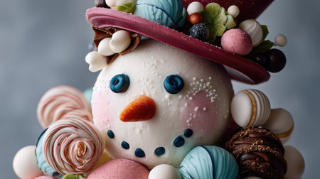 A colorful snowman dessert crafted with frosting and sweets, perfect for holiday celebrations. Ideal for showcasing creativity and festive spirit in desserts.の素材