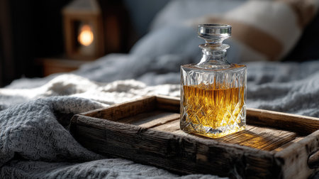 A stunning glass decanter filled with amber liquid rests on a rustic wooden tray, creating a warm and inviting atmosphere in a cozy interior space.の素材