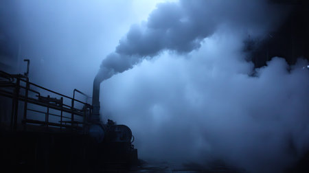 A powerful image showing industrial smoke emissions from pipes enveloped in thick fog. This photo captures the essence of manufacturing and environmental impact.の素材