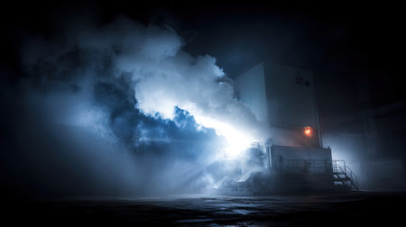 This industrial scene captures a facility surrounded by smoke and dramatic lighting at night, creating an atmospheric and mysterious effect. Perfect for showcasing energy and technology themes.の素材