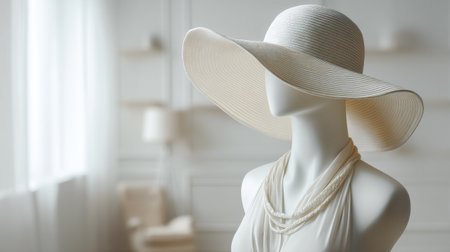 A stunning display of an elegant white hat perched on a mannequin, set against a softly lit interior. This image captures the essence of summer fashion and minimalist design.の素材