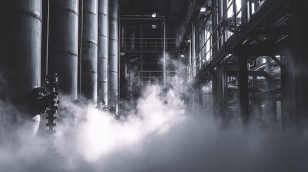 This industrial scene captures a factory interior filled with steam, showcasing metallic silos and complex machinery. Ideal for topics in manufacturing and engineering.の素材