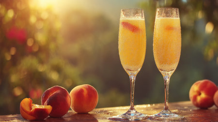 Enjoy a delightful peach mimosa served in elegant glasses, surrounded by fresh peaches and warm sunlight, perfect for summer gatherings and celebrations.の素材