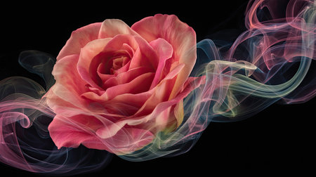 An elegant pink rose emerges amidst colorful smoke, creating a striking contrast against a black background. This artistic image captures beauty and tranquility.の素材