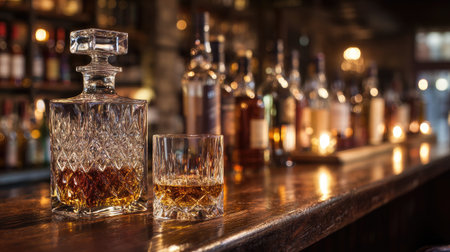 A beautifully arranged whiskey decanter and glass rest on a rustic bar counter, surrounded by softly glowing lights and a selection of spirits, inviting relaxation and enjoyment.の素材