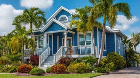 A charming blue house features lush tropical plants and palm trees, creating a vibrant and inviting atmosphere. Ideal for warm climates and scenic neighborhoods.の素材
