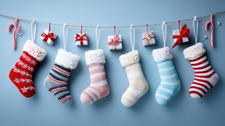 A vibrant display of Christmas stockings in various colors and patterns, hanging against a soft blue backdrop, adorned with festive gifts and candy canes. Perfect for holiday-themed content.の素材