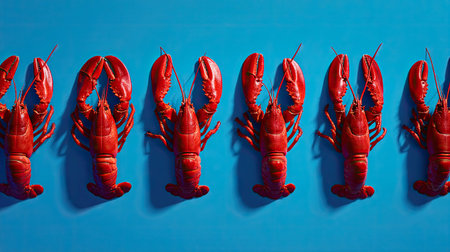 Vibrant and appetizing freshly cooked lobsters arranged on a bright blue background, perfect for seafood dishes, culinary presentations, and gourmet meals.の素材