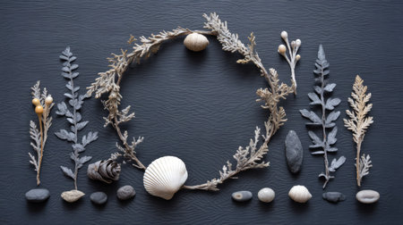Elegant arrangement of natural elements including shells, stones, and foliage on a dark surface, creating a peaceful and artistic visual atmosphere, perfect for nature lovers.の素材