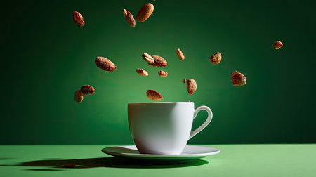 A captivating image showcasing a white cup with flying nuts against a vibrant green background. Perfect for conveying themes of health, energy, and snack appeal.の素材