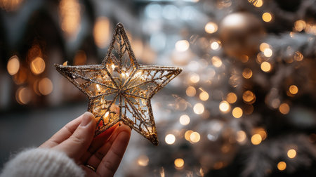 A close-up of a hand holding a golden star ornament, with a blurred Christmas tree in the background adorned with sparkling lights, creating a warm festive atmosphere.の素材