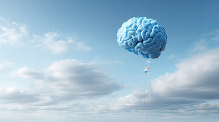 A surreal image of a blue brain-shaped balloon hovering gracefully among fluffy white clouds in a clear blue sky, symbolizing creativity and imagination.の素材