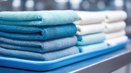 A collection of neatly stacked towels in shades of blue and white, arranged on a tray in a clean laundry room. Ideal for storage and organization.の素材