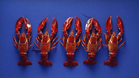 A vibrant display of fresh red lobsters arranged neatly on a blue background, perfect for culinary presentations or seafood marketing materials.の素材