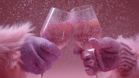 Two hands in glittery gloves toast with sparkling drinks against a pink background. The scene captures joy and celebration, perfect for festive occasions.の素材