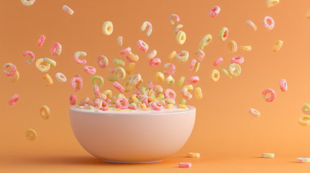 A vibrant bowl of colorful breakfast cereal bursts with joy against an orange background, capturing the essence of a fun and tasty morning treat. Perfect for breakfast themes.の素材