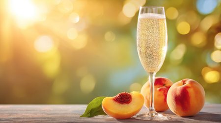 Bright and refreshing sparkling drink in a glass with ripe peaches, showcasing summer vibes and outdoor enjoyment, perfect for brunch or celebration settings.の素材