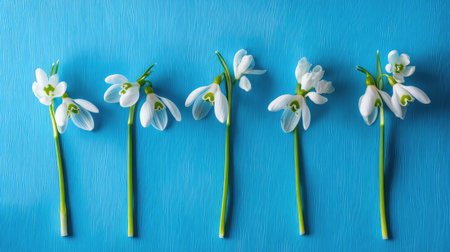 A stunning display of delicate snowdrop flowers arranged against a vivid blue background, showcasing natural beauty and elegance in a vibrant setting. Perfect for spring themes.の素材