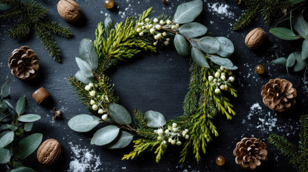 A beautifully arranged greenery wreath featuring fresh leaves, nuts, and pine cones on a dark surface. Ideal for holiday and seasonal decor themes.の素材
