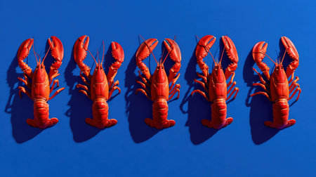 Six vibrant red lobsters arranged neatly on a striking blue surface showcase their fresh appearance, perfect for culinary displays or seafood promotions.の素材