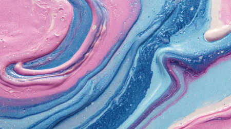 This colorful abstract image showcases swirls of blue and pink paints, creating a captivating visual texture. Perfect for backgrounds and artistic projects.の素材