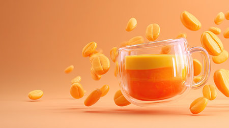 A vibrant glass mug showcases a layered beverage with floating coffee beans, creating a warm and inviting atmosphere perfect for coffee lovers.の素材