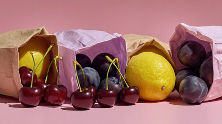 A visually striking arrangement of fresh cherries, lemons, and plums in colorful paper bags against a soft pink backdrop, showcasing vibrant colors and a healthy lifestyle.の素材