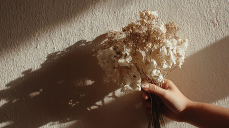 A delicate hand holds a bouquet of dried flowers, casting soft shadows on a textured wall. The scene exudes a serene and warm vibe, ideal for calming decor.の素材