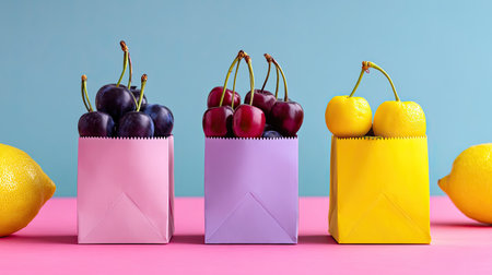Three colorful boxes filled with cherries and bright lemons on a vibrant background, displaying a fresh and cheerful fruit arrangement perfect for summer.の素材