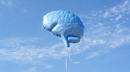 A vibrant blue brain-shaped balloon floats high against a clear sky, symbolizing creativity and ideas. This whimsical image captures imagination and joy.の素材