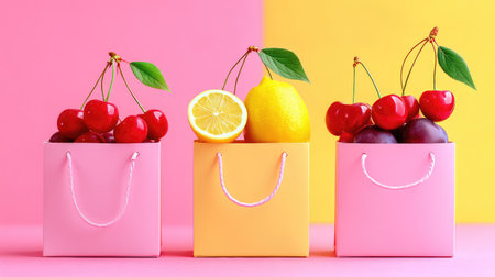 A vibrant arrangement features shopping bags filled with fresh cherries, lemon, and plums against a colorful backdrop, perfect for food or lifestyle themes.の素材