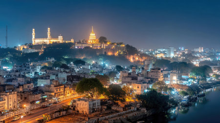 Stunning night view of a vibrant cityscape with illuminated temple atop a hill, reflecting beautifully in the river, showcasing urban beauty and culture.の素材
