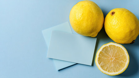 This image features bright yellow lemons alongside blank cards on a soft blue background, perfect for showcasing freshness and creativity in design projects.の素材